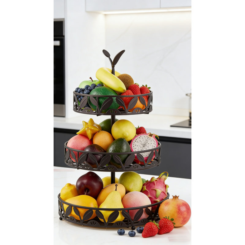 Panier de fruits à 3 niveaux 100% fer forgé, comptoir de cuisine amovible noir mat 3 en 1