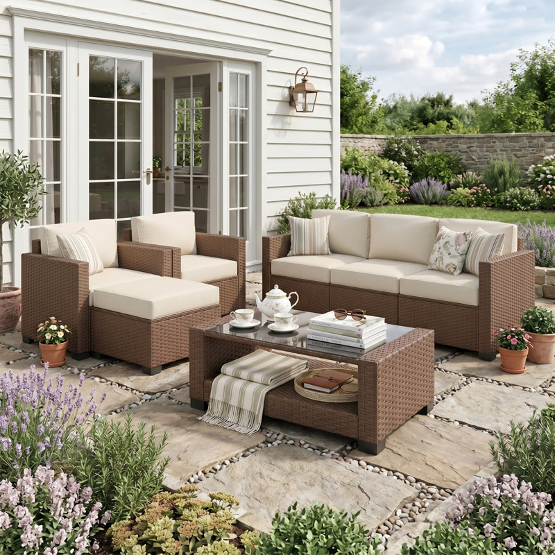 7 Piece Wicker Outdoor Patio Conversation Furniture Set with Cushions and Coffee Table, Brown/Beige
