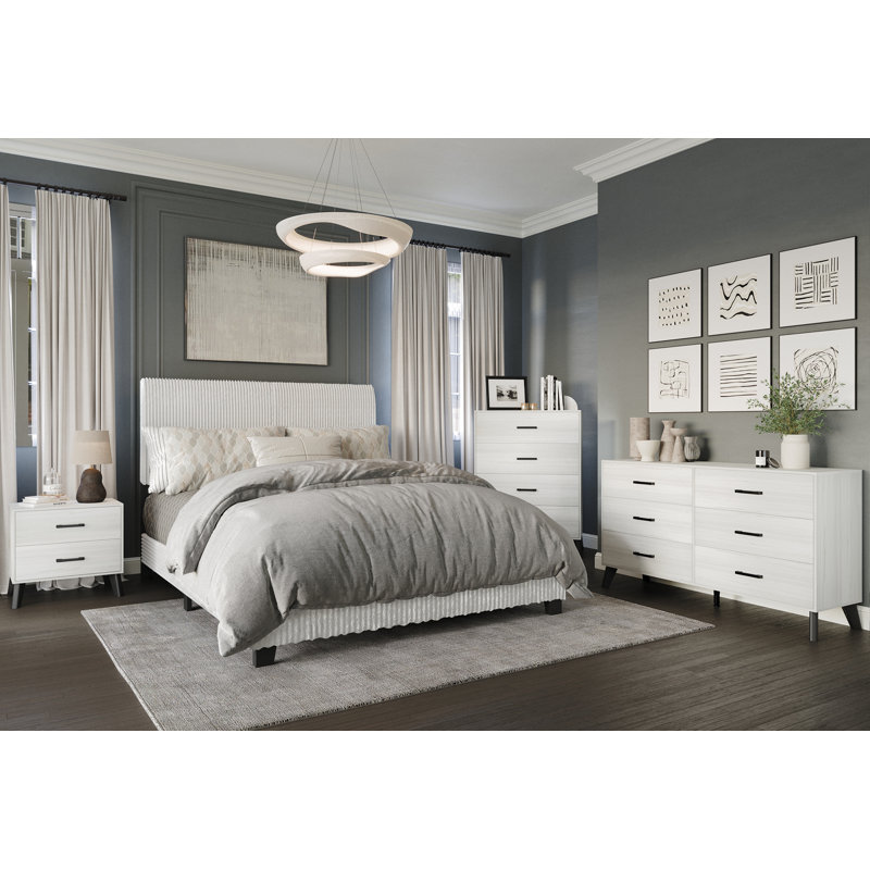 Ensemble de chambre à coucher 4 pièces en velours côtelé Pravesh, Blanc / gris clair, Grand