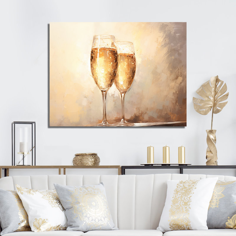Minimalisme, champagne, verres, collage, vin et champagne, décoration murale, Toile tendue, H 24 po x l 32 po x P 1 po