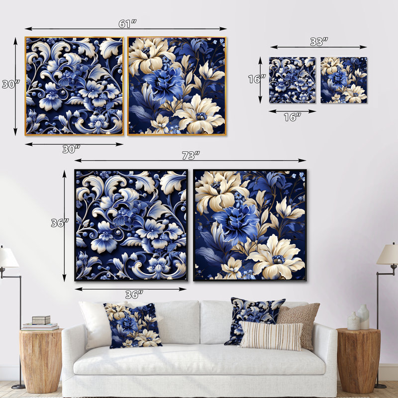 Cobalt bleu néo-gothique motif victorien II - ensemble de 2 collages floraux carrés, Cadre flottant doré, H 30 po x l 61 po