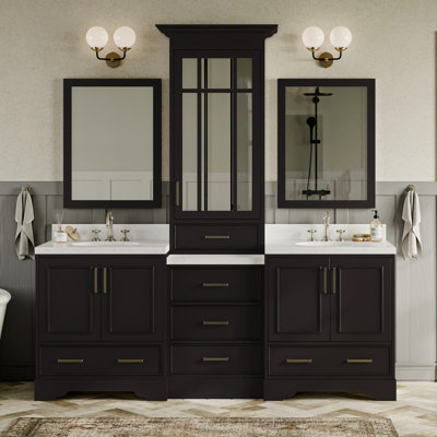 Stafford 84.25 " W Freestanding Standard 2 Double Vanity Bathroom Vanity With Carrara Quartz Top with Mirror
