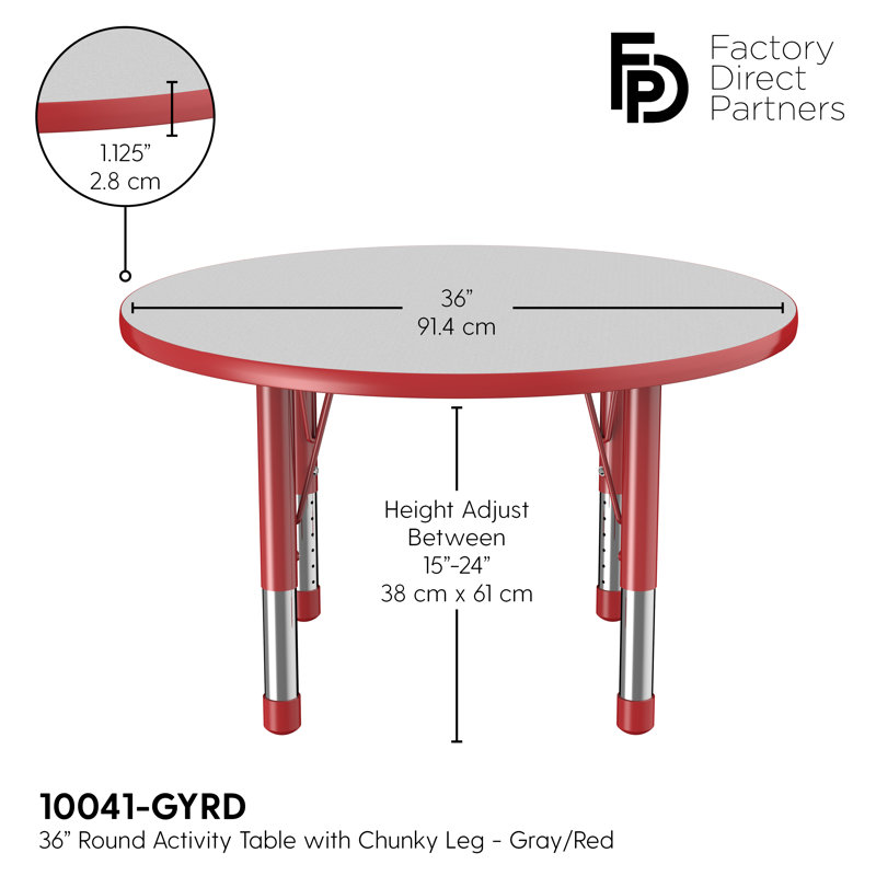 Table ronde à hauteur réglable, 36", Gris / rouge, Épais