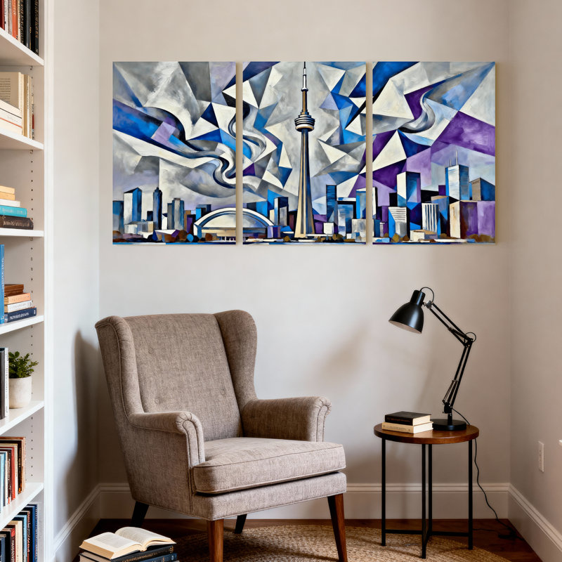 Ensemble de 3 reproductions d'art sur toiles abstraites avec formes géométriques et reflets, "Cités et pays"