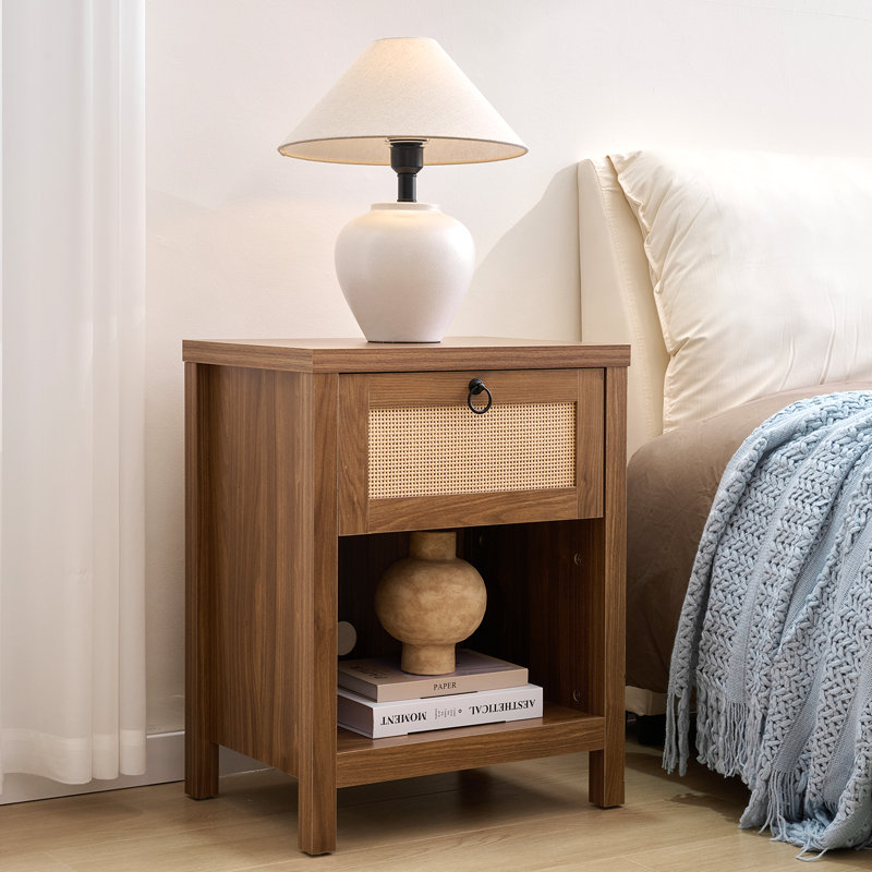 Farmhouse Rattan Nightstand, Boho Bedside Table With Drawer And Open Storage, Cane Side Table For Bedroom & Living Room, Walnut