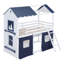 Lit simple superposé en bois avec fenêtres élégantes, rebords et tente, bleu et blanc