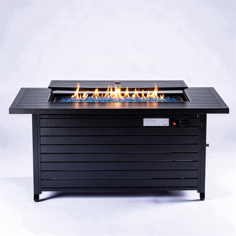  Table de foyer d'extérieur au propane 57 po avec couvercle et pierres de lave, 57 000 BTU, Revêtement noir ourlé