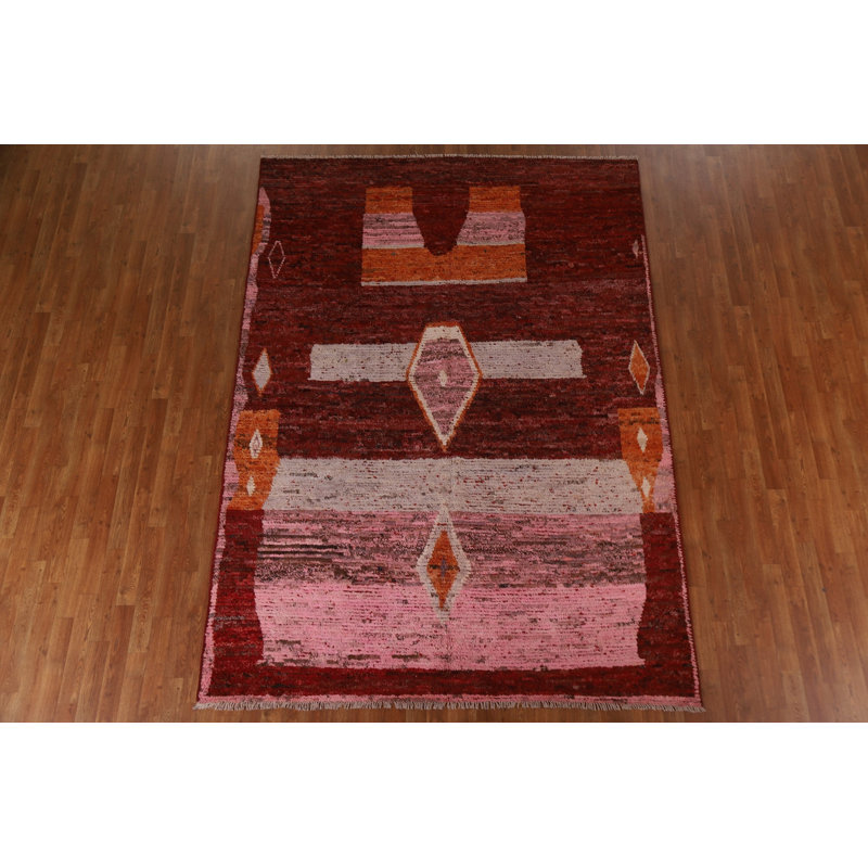 Tapis rouge en laine noué à la main de conception unique 6 pi 10 po x 9 pi 7 po New Age