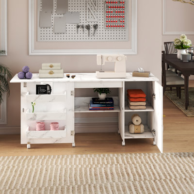 Multipurpose Folding Craft Sewing Table Cabinet Compact Design With Lockable Casters,Storage Shelves & Cabinet