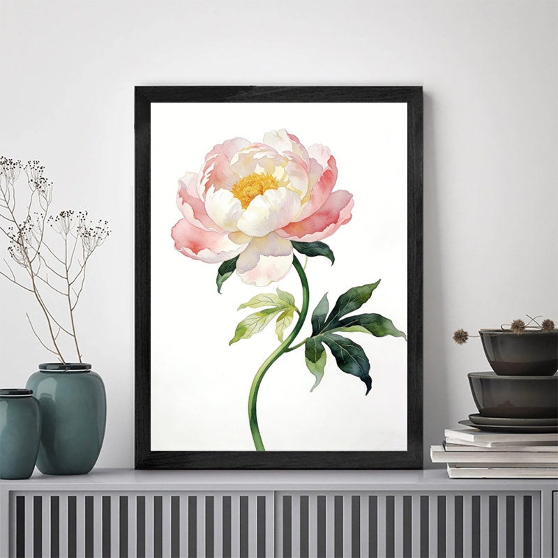 Art encadré noir, Saint-Valentin - Fleurs de pivoines roses, aquarelle, H 11 po x l 9 po