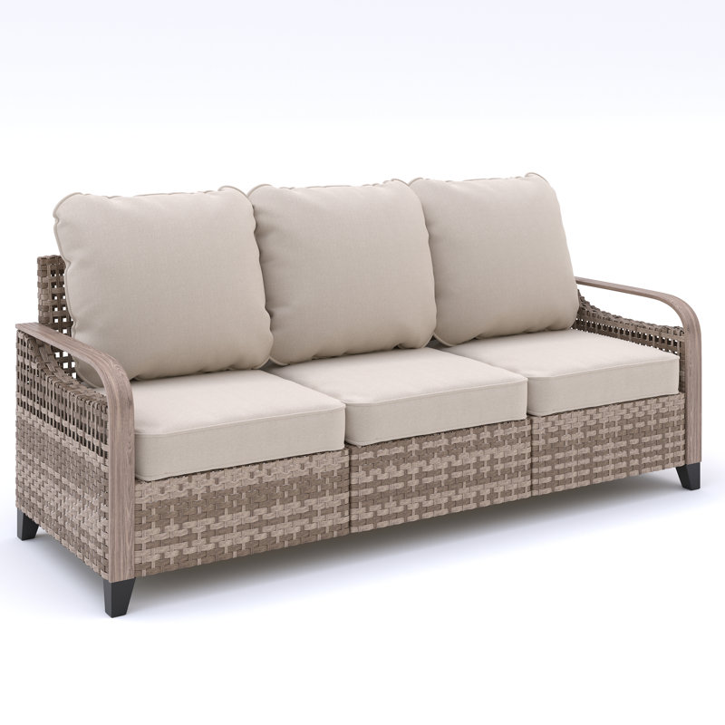 77.55" Wide Outdoor Wicker Patio Sofa With Cushions