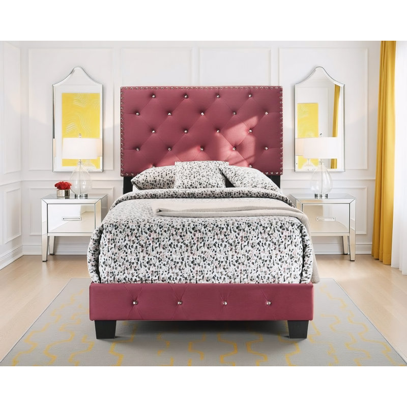 Lit simple en velours cerise Modena, Cerisier, Lit simple