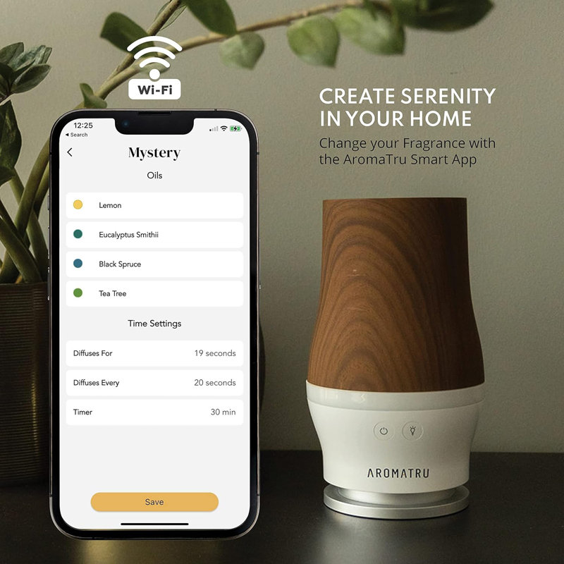 Smart Aromatherapy Waterless Oil Diffuser with WiFi Capability and App – Combine and Diffuse up to 4 Bottles of Essential Oils Simultaneously – No Water, No Mess (Rich Walnut)