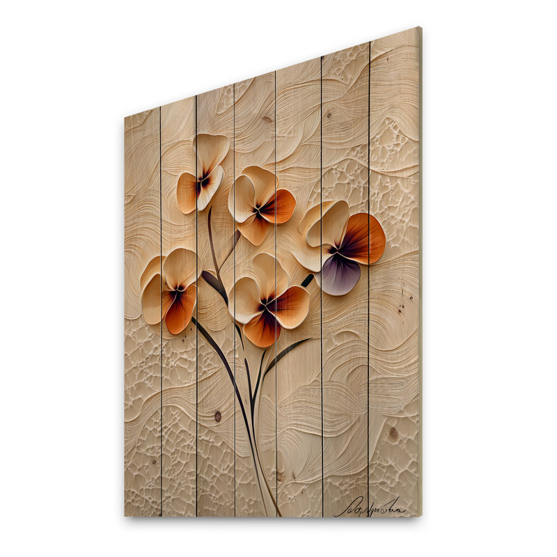 Beige Whispers Of Spring Sweet Pea II - Flower Orange Wood Print On Natural Pine Wood, 20" H x 10" W x 0.78" D