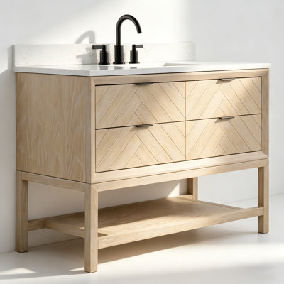  Meuble-lavabo autoportant 48 po en bois massif avec plateau en marbre d'ingénierie