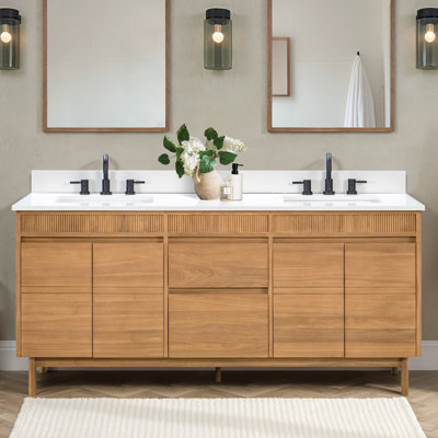 Ensemble de tablettes 73 po Kayla Meuble-lavabo double en teck naturel avec plateau en pierre reconstituée blanche