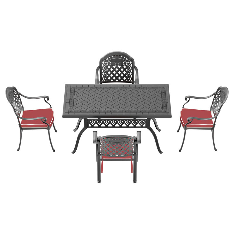 Ensemble de 7 pièces de mobilier de patio en aluminium coulé avec cadre et coussins de siège rouges