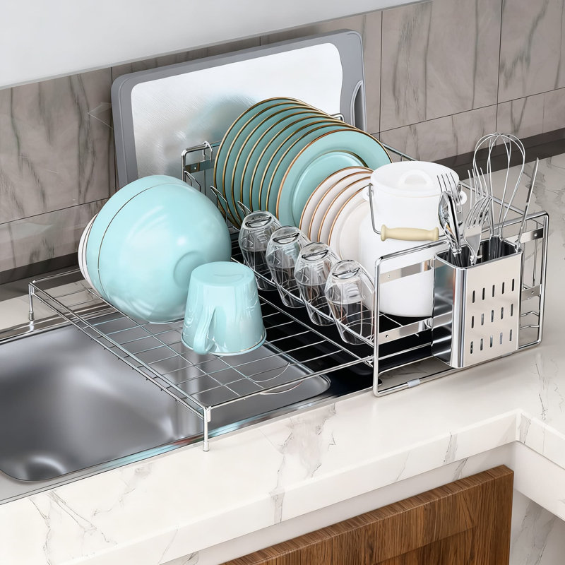Égouttoir à vaisselle extensible en acier inoxydable pour comptoir de cuisine avec porte-ustensiles et planche à découper, égouttoir réglable de grande capacité