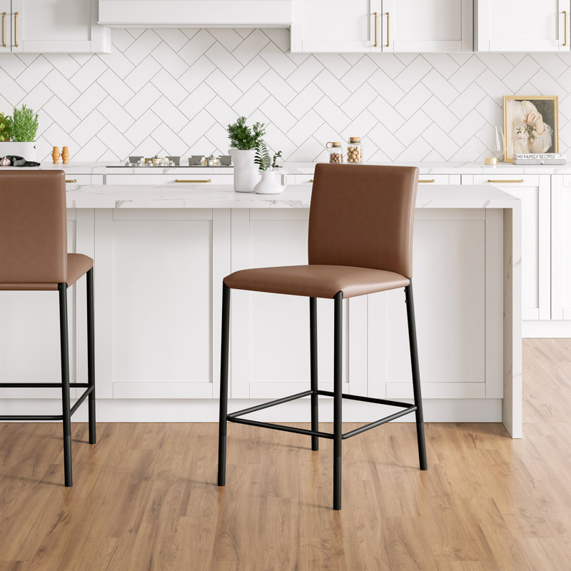 Daye Metal Adjustable Height Stool With Upholstered Back And Seat, Black With Brown Pu