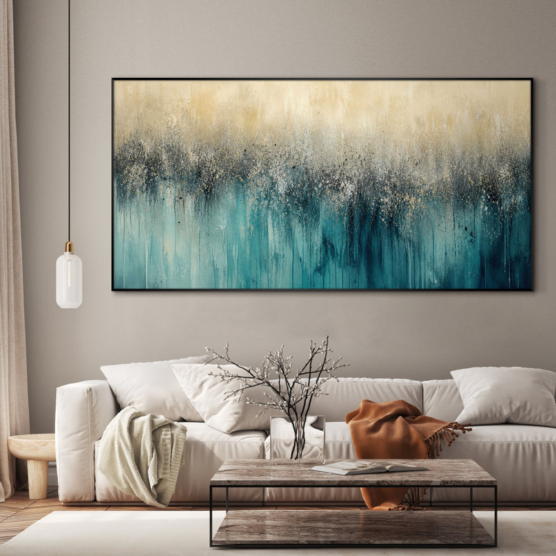 Très grand art mural imprimé sur toile - sarcelle abstraite herbe Horizon, décor de chambre à coucher contemporain - "Assemblage requis (cadre non fini)"