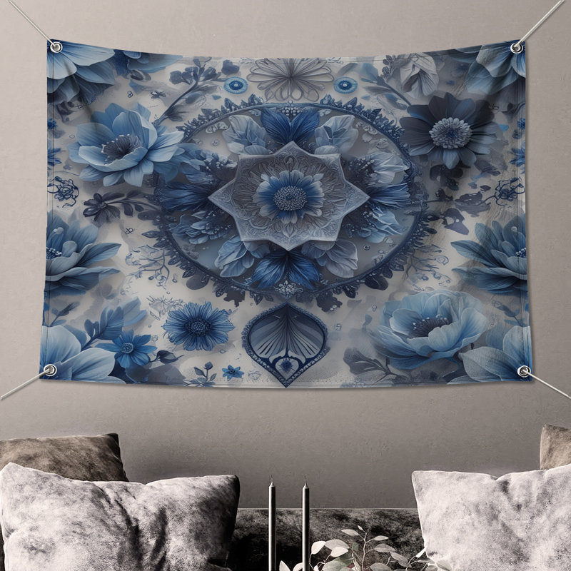 Tapisserie murale arrangement floral bleu - décoration murale fleurs, 68in H x80in W with 4 Grommets