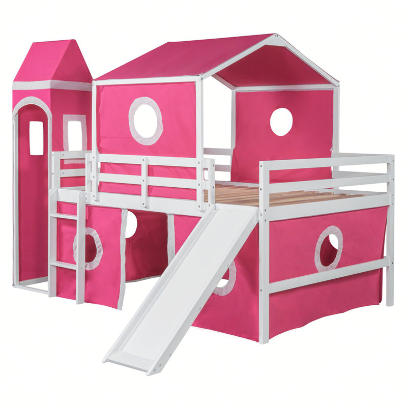 Lit mezzanine avec tente coulissante et tour, Rose