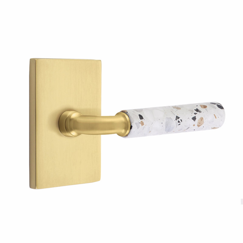 Ensemble de leviers d'intimité Emtek Select, rosette rectangulaire moderne, tige R-Bar, poignée en marbre blanc, droite