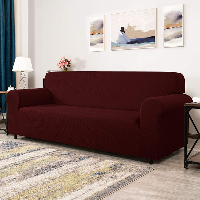 Rhombus Plaid Box Cushion Loveseat Slipcover, Wine