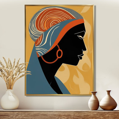 Dessin graphique minimaliste nubien orange II - femme afro-américaine, art mural salon