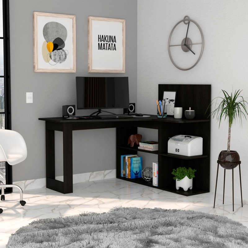 Masai Writing Computer Desk, Five Open Shelves, Light Gray