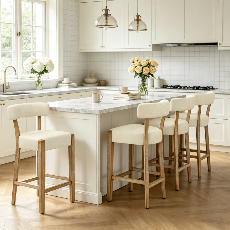 26" Upholstered Counter Height Bar Stool with Solid Wood Frame, Beige Faux Leather / Natural Frame, 4