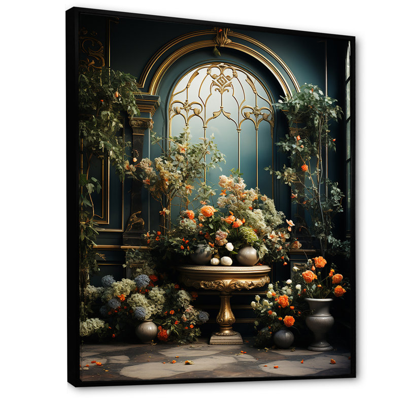 «Flower Foliage Adorned Gardens», reproduction d'art sur toile, Cadre flottant noir, H 20 po x l 12 po