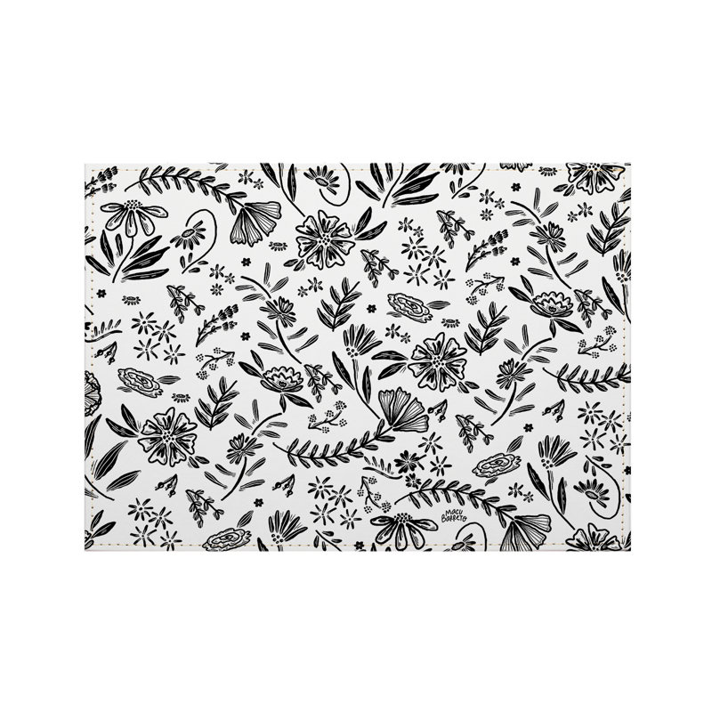 Ensemble de 4 napperons en cuir Vegan, Motif floral noir