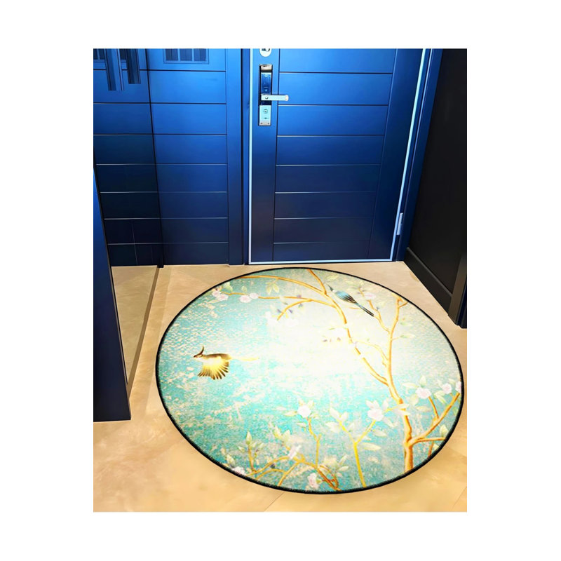 Woven Base Modern Decorative Carpet With Blue Branch And Bird Details, Round 2'8"