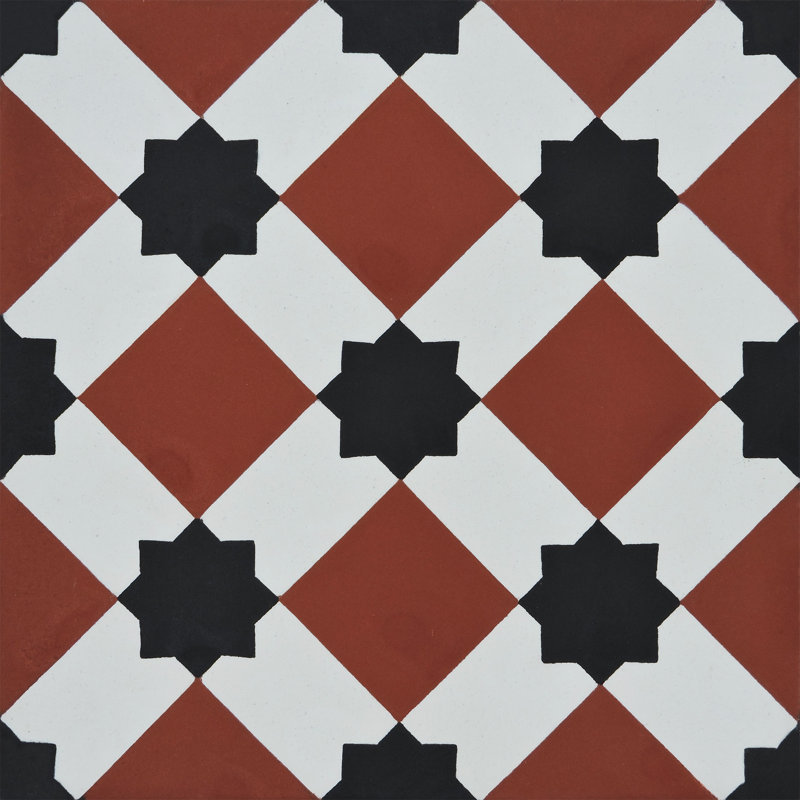 Ait Baha 8" x 8" Cement Patterned Wall & Floor Tile, Red/Black