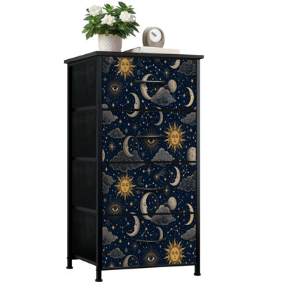 Dresser for Bedroom with 4 Storage Drawers Celestial Moons Stars Cosmic Symbols Dark Mystical Vintage Dressers Chest of Drawers Steel Framed Fabric Closet Organizers for Dorm Entryway