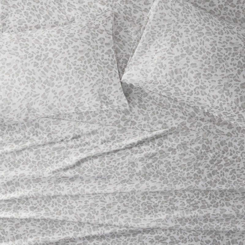 Printed Satin Wrinkle Resistant Luxury Sheet Set, Gray Leopard, Queen Sheet Set + 2 Standard Pillowcases