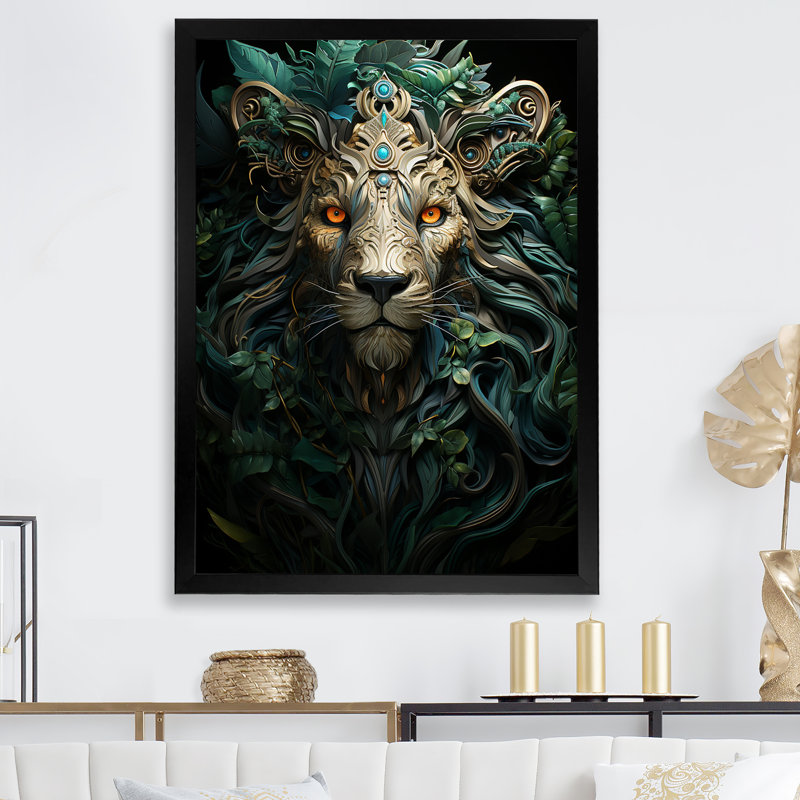 «Lion Verdant Guardian I», reproduction sur toile, Cadre simple noir, H 32 po x l 16 po x P 1 po