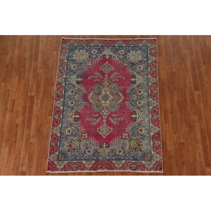 Tapis rose noué à la main de conception unique 4 pi 7 po x 6 pi 3 po Sushma