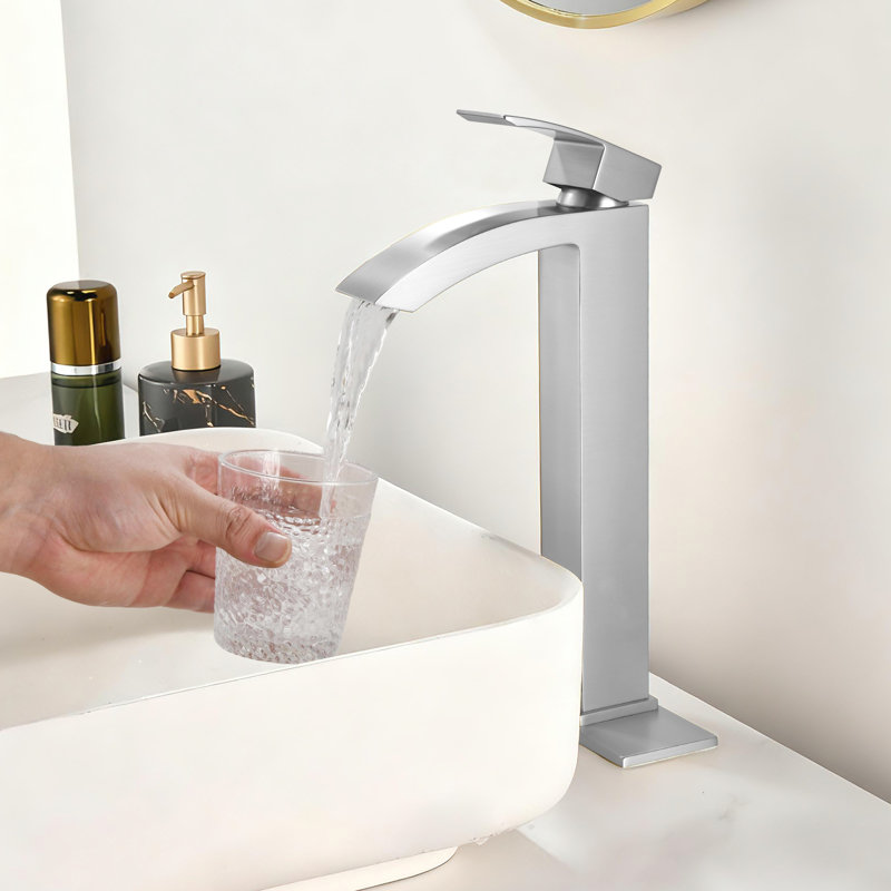 12-1/5” Solid Brass Single Lever Vessel Sink Faucet, High Arc Sink Faucet, Brushed Nickel, Drain Assembly Not Included