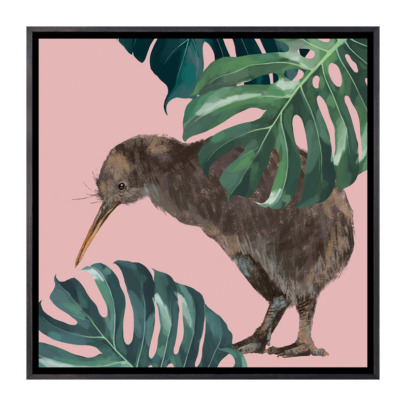 Kiwi oiseau avec monstera art, H 26 po x l 26 po x P 1,5 po, Toile avec cadre noir patiné