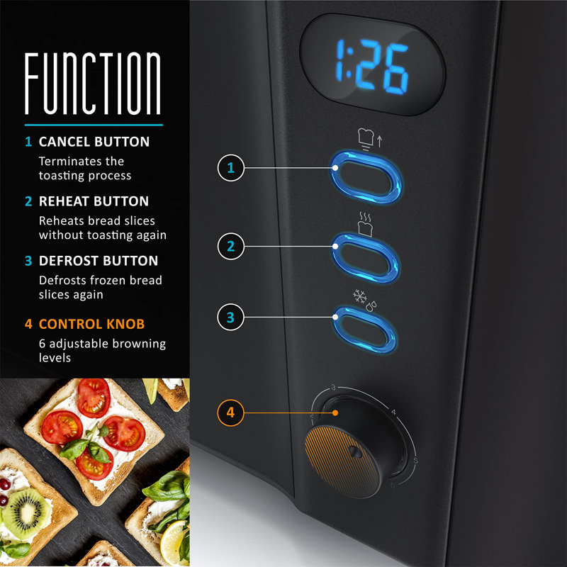 4 Slice Long Slot Toaster, Double Wall Housing, With Warming Rack, 6 Browning Settings, Auto Bread Centring, Reheat Defrost Cancel Function, Remaining Time Display