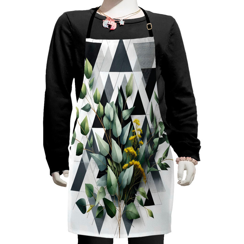 East Urban Home Eucalyptus Leaves Apron with Adjustable Ties Small Size Dark Blue Grey and Green