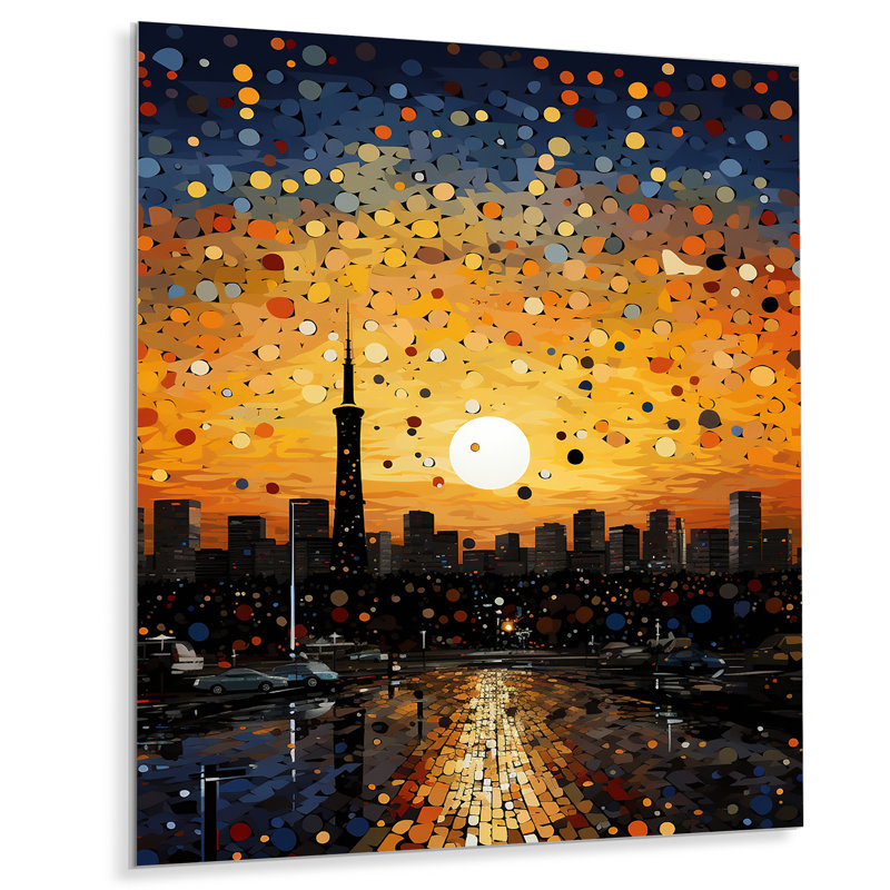 Art déco coucher de soleil paysage urbain - bâtiments muraux en métal, H 20 po x l 12 po x P 1 po