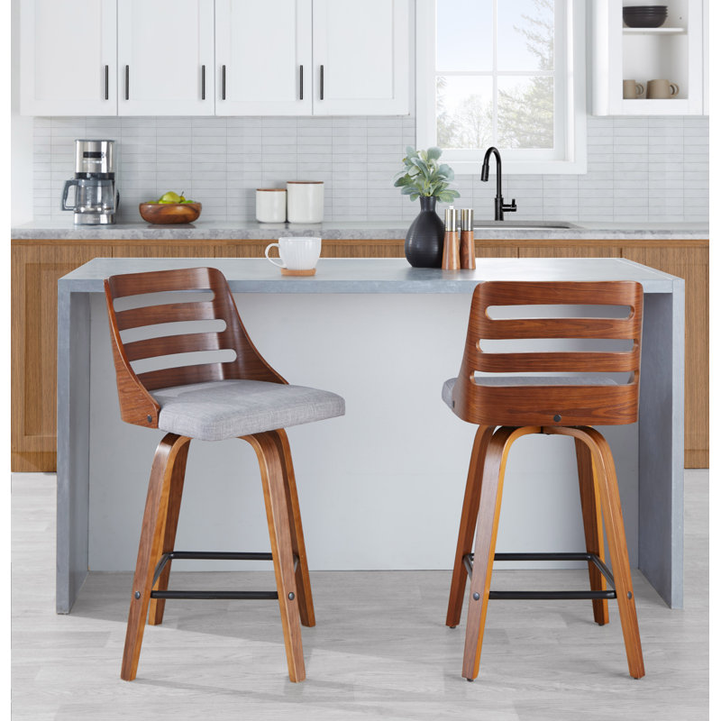 Modern Gray Upholstered Trevi Counter Stool with Walnut Swivel Base