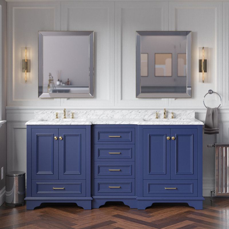Loughlam 72'' Double Bathroom Vanity with Top, Royal Blue, Carrara Marble