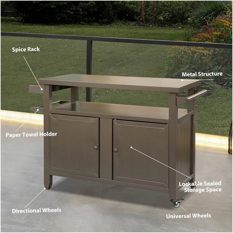 Armoire de rangement pour barbecue avec roulettes, table de barbecue en métal pour l'extérieur, Brun
