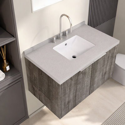 Meuble-lavabo flottant 36 po avec lavabo, porte à fermeture douce, comptoir et dosseret en marbre de granite blanc de 2 po, contreplaqué, gris