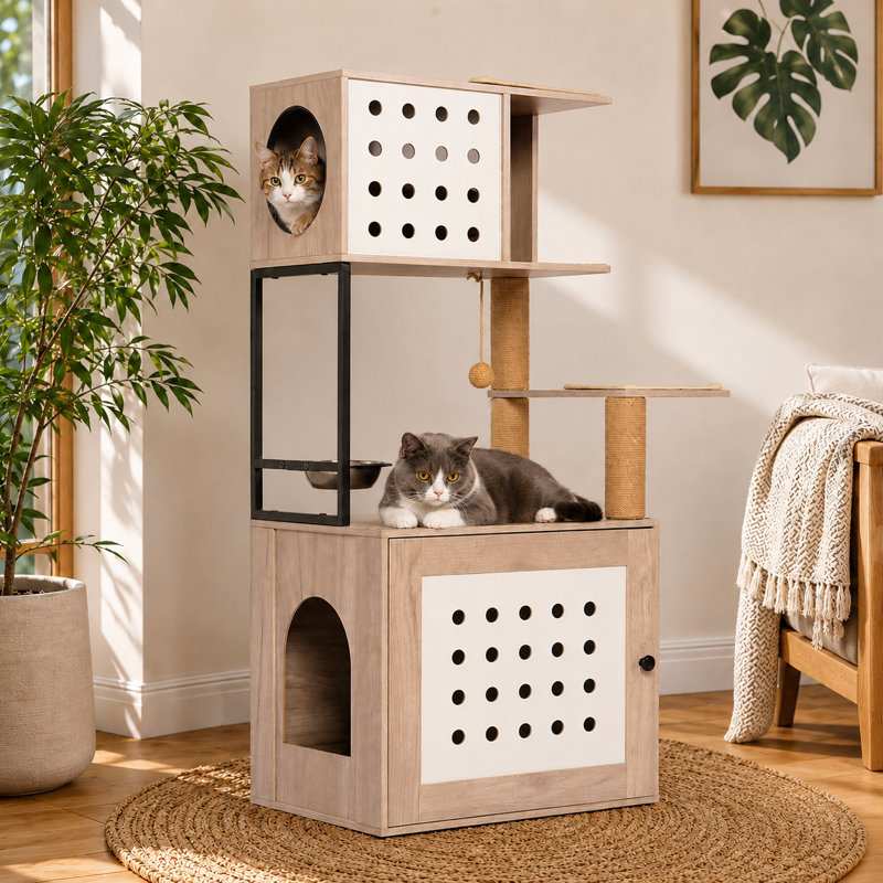 Grand arbre à chat 47 po avec bac à litière dissimulé - Plates-formes multi-niveaux et poteaux à griffer