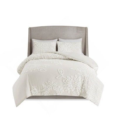 3 Piece Tufted Cotton Chenille Floral Comforter Set, Off-White, King/Cal King, And Hypoallergenic